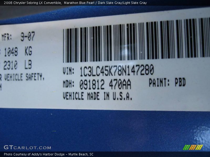 Marathon Blue Pearl / Dark Slate Gray/Light Slate Gray 2008 Chrysler Sebring LX Convertible