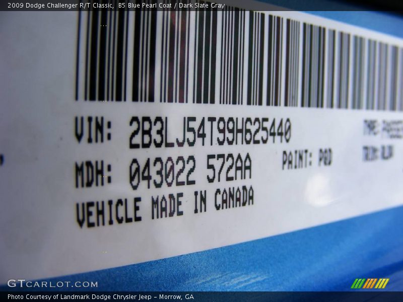 2009 Challenger R/T Classic B5 Blue Pearl Coat Color Code PQD