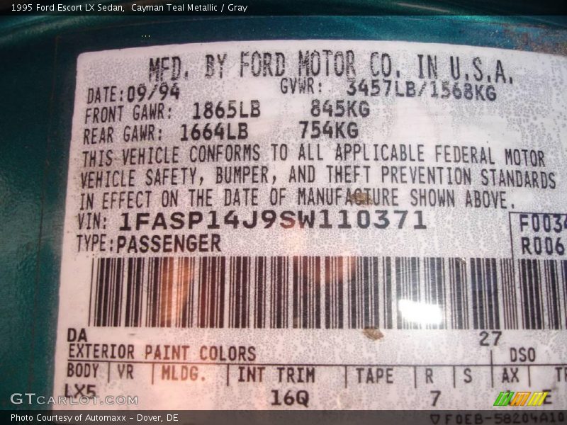 Cayman Teal Metallic / Gray 1995 Ford Escort LX Sedan