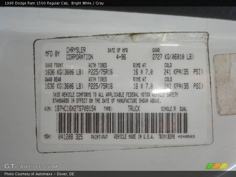 Bright White / Gray 1996 Dodge Ram 1500 Regular Cab