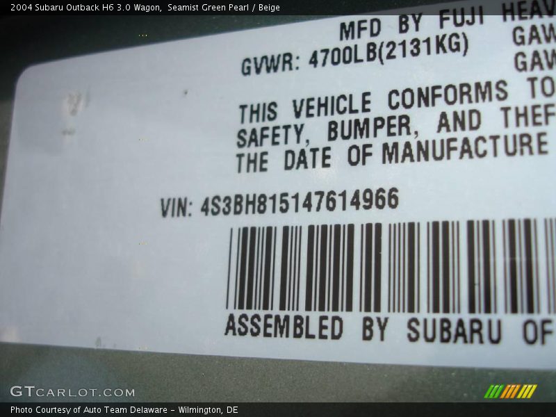 Seamist Green Pearl / Beige 2004 Subaru Outback H6 3.0 Wagon