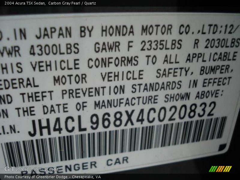 Carbon Gray Pearl / Quartz 2004 Acura TSX Sedan