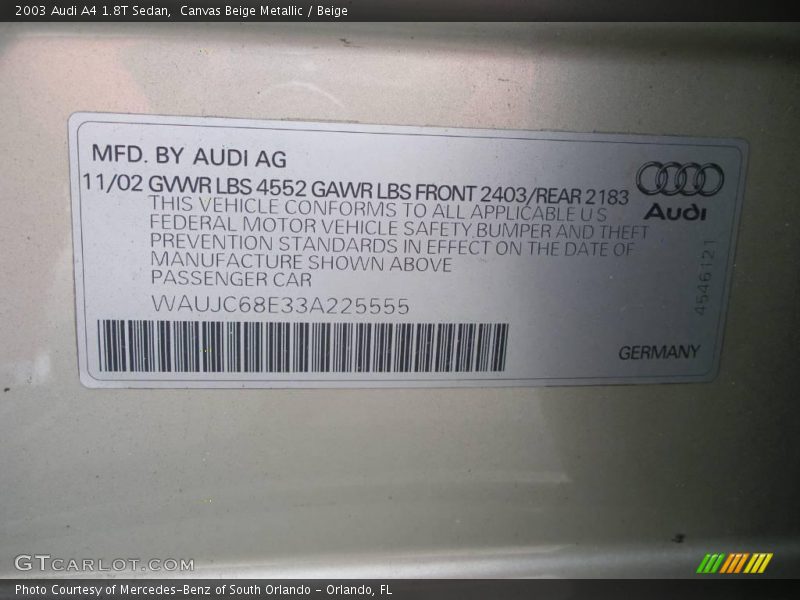 Canvas Beige Metallic / Beige 2003 Audi A4 1.8T Sedan