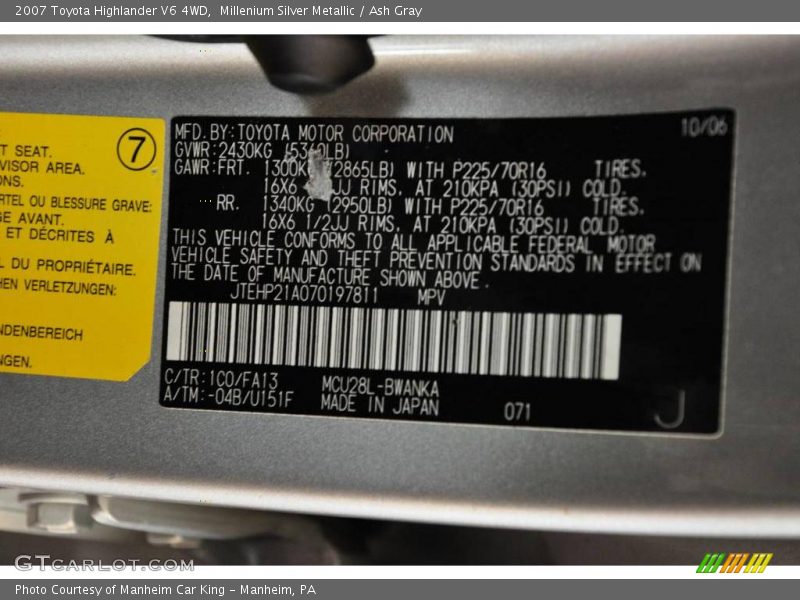 Millenium Silver Metallic / Ash Gray 2007 Toyota Highlander V6 4WD