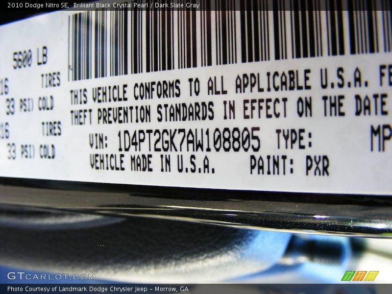 2010 Nitro SE Brilliant Black Crystal Pearl Color Code PXR