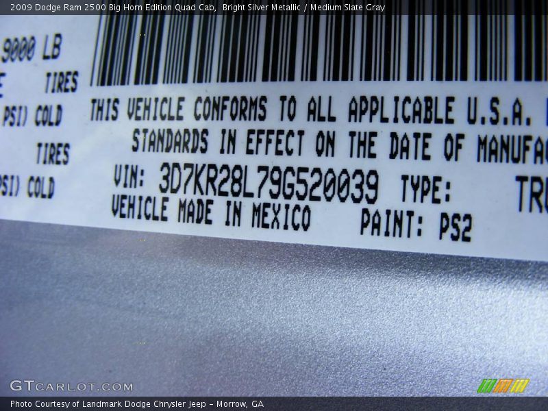 Bright Silver Metallic / Medium Slate Gray 2009 Dodge Ram 2500 Big Horn Edition Quad Cab