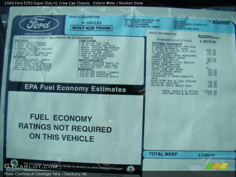 Oxford White / Medium Stone 2009 Ford F250 Super Duty XL Crew Cab Chassis