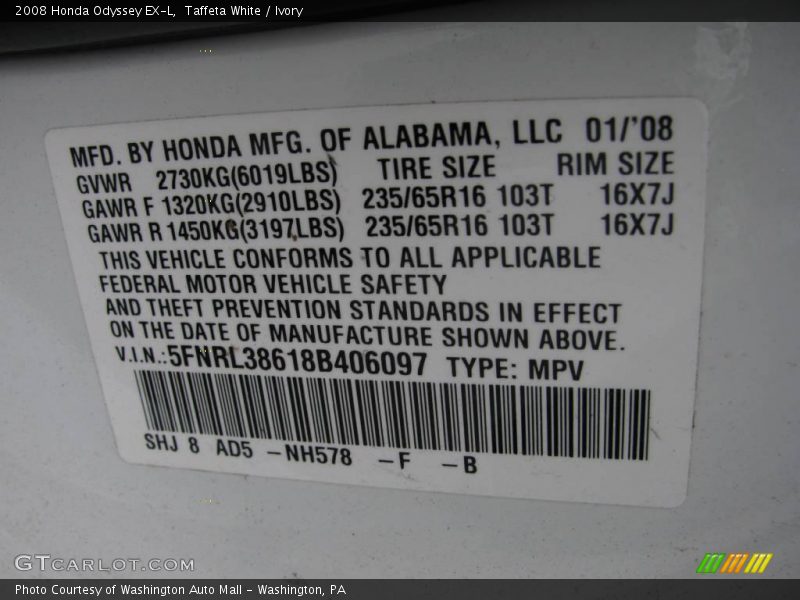 Taffeta White / Ivory 2008 Honda Odyssey EX-L