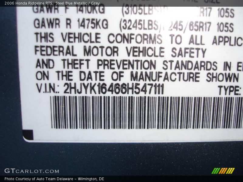 Steel Blue Metallic / Gray 2006 Honda Ridgeline RTS