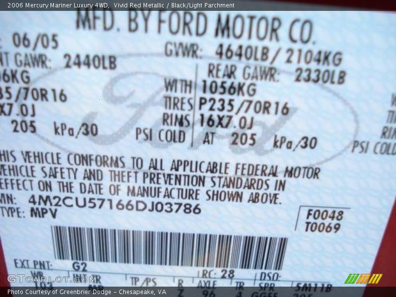 Vivid Red Metallic / Black/Light Parchment 2006 Mercury Mariner Luxury 4WD