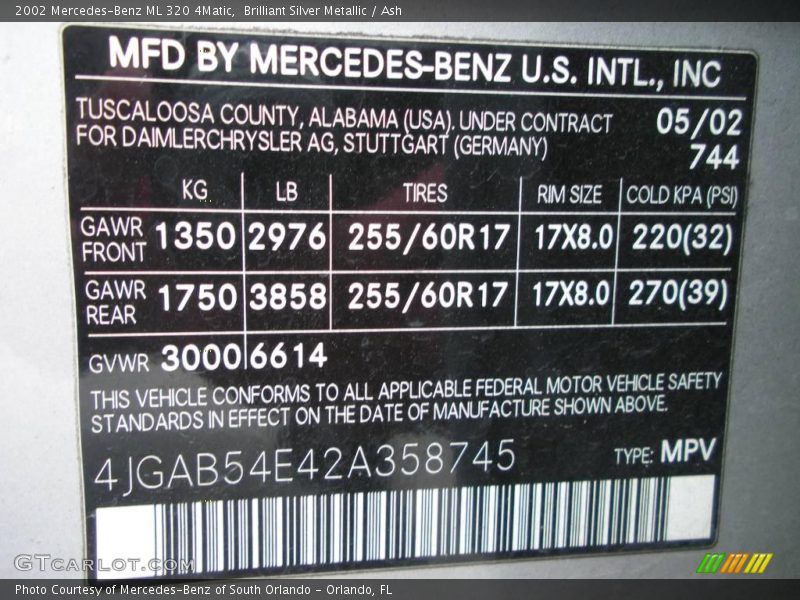 Brilliant Silver Metallic / Ash 2002 Mercedes-Benz ML 320 4Matic