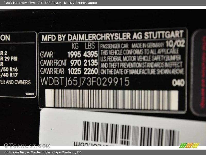 Black / Pebble Nappa 2003 Mercedes-Benz CLK 320 Coupe