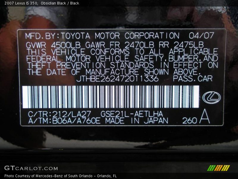Obsidian Black / Black 2007 Lexus IS 350
