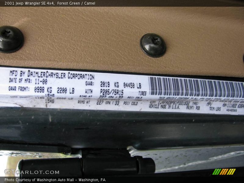 Forest Green / Camel 2001 Jeep Wrangler SE 4x4