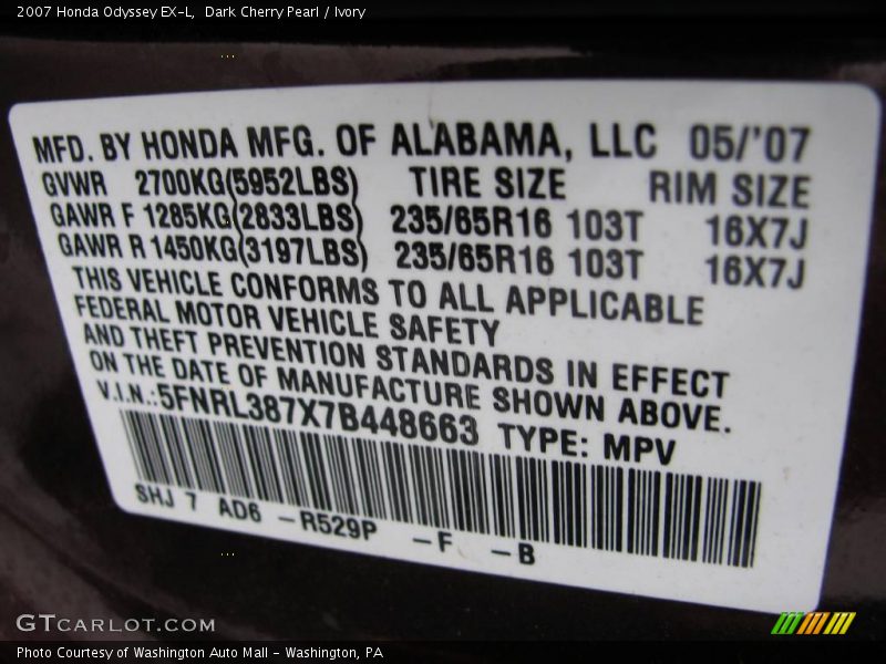 Dark Cherry Pearl / Ivory 2007 Honda Odyssey EX-L