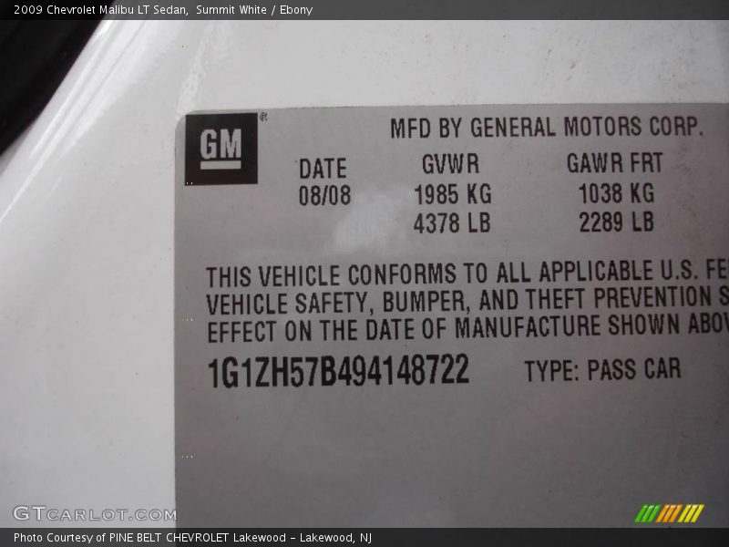 Summit White / Ebony 2009 Chevrolet Malibu LT Sedan