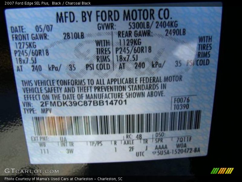 Black / Charcoal Black 2007 Ford Edge SEL Plus