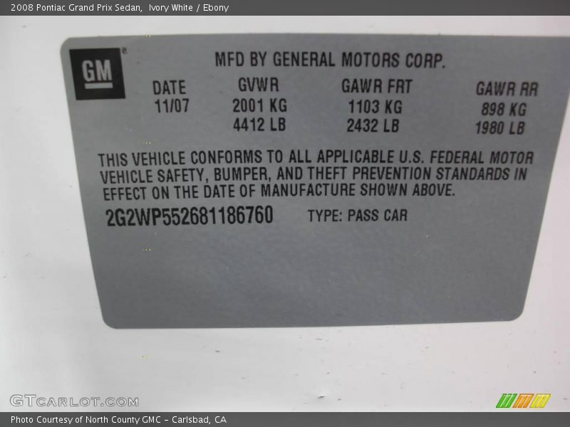Ivory White / Ebony 2008 Pontiac Grand Prix Sedan