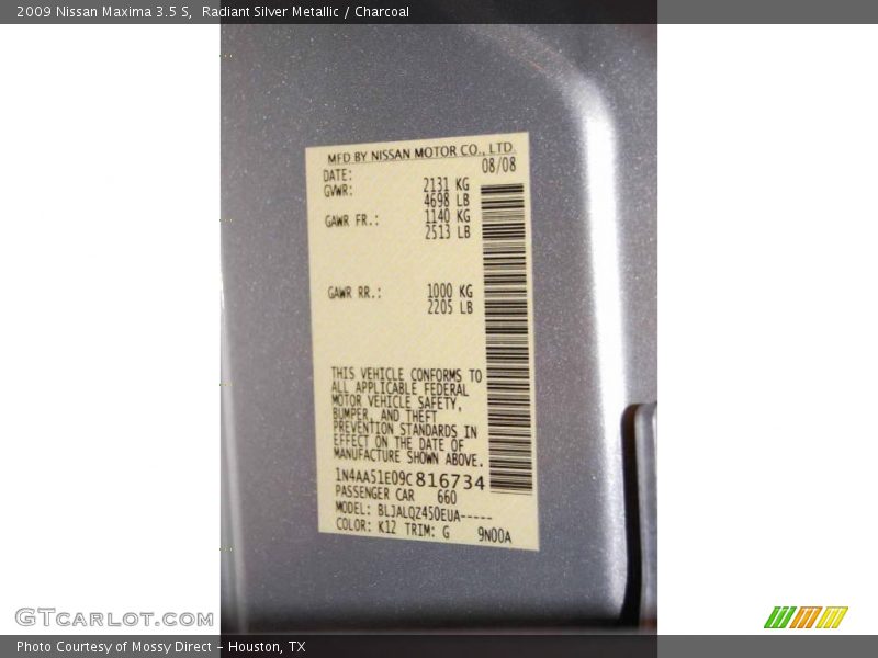 Radiant Silver Metallic / Charcoal 2009 Nissan Maxima 3.5 S