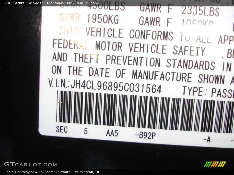 Nighthawk Black Pearl / Ebony 2005 Acura TSX Sedan