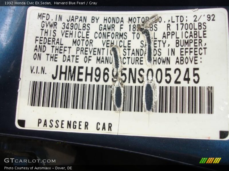 Harvard Blue Pearl / Gray 1992 Honda Civic EX Sedan