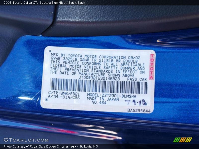 Spectra Blue Mica / Black/Black 2003 Toyota Celica GT
