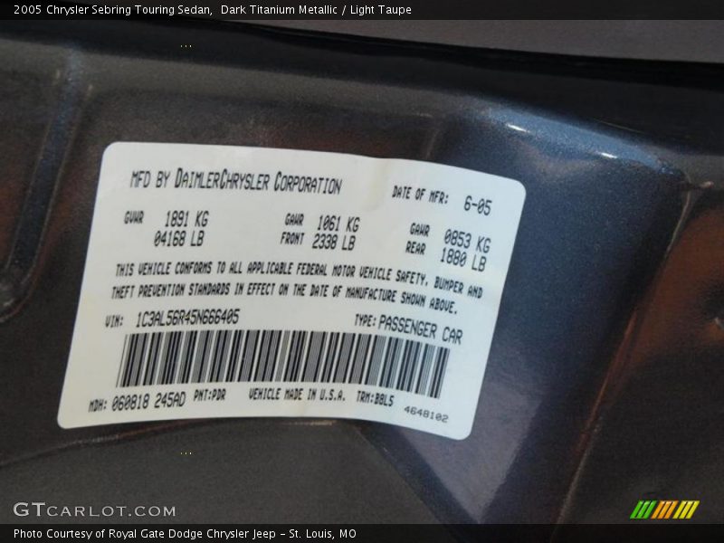 Dark Titanium Metallic / Light Taupe 2005 Chrysler Sebring Touring Sedan