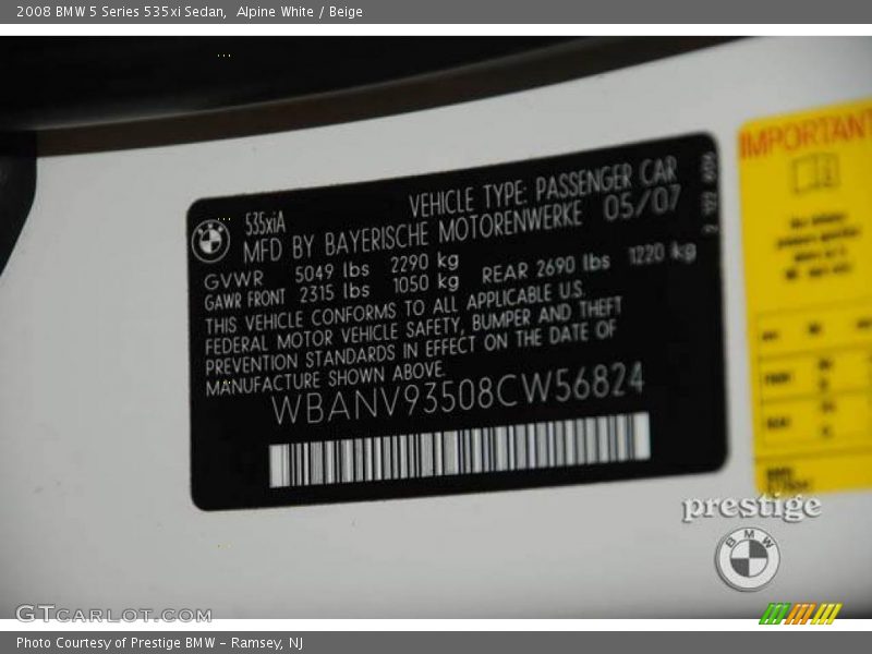 Alpine White / Beige 2008 BMW 5 Series 535xi Sedan