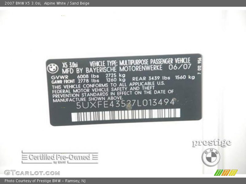 Alpine White / Sand Beige 2007 BMW X5 3.0si