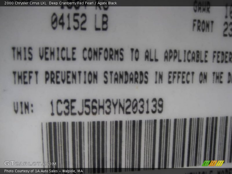 Deep Cranberry Red Pearl / Agate Black 2000 Chrysler Cirrus LXi