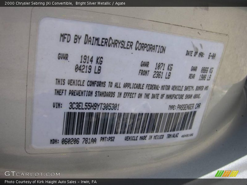 Bright Silver Metallic / Agate 2000 Chrysler Sebring JXi Convertible