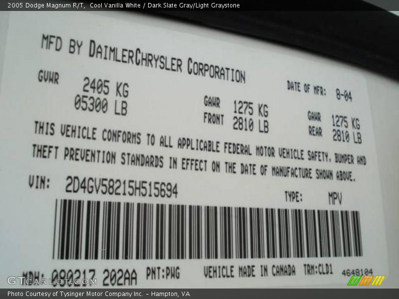 Cool Vanilla White / Dark Slate Gray/Light Graystone 2005 Dodge Magnum R/T