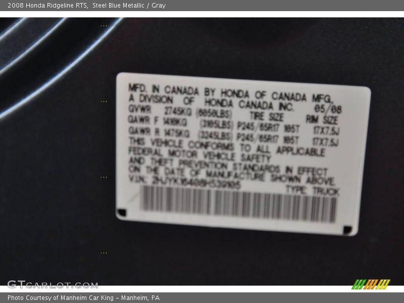 Steel Blue Metallic / Gray 2008 Honda Ridgeline RTS