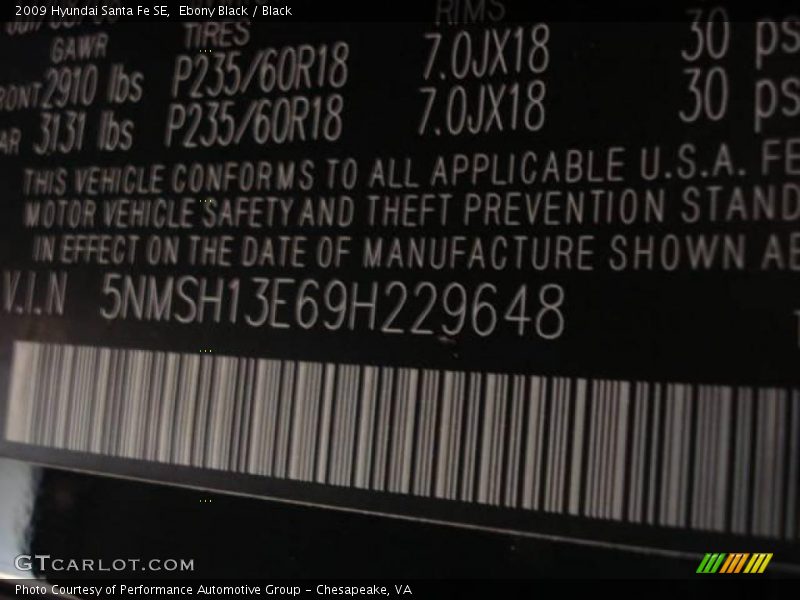 Ebony Black / Black 2009 Hyundai Santa Fe SE