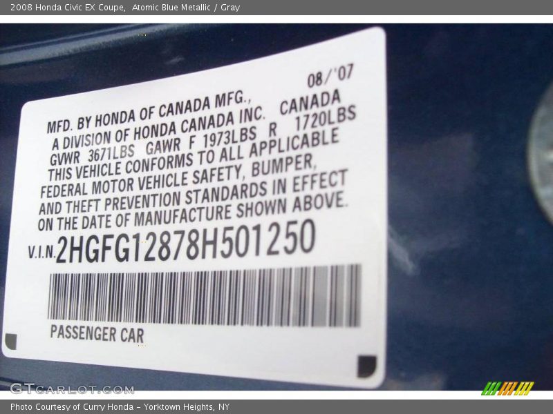 Atomic Blue Metallic / Gray 2008 Honda Civic EX Coupe