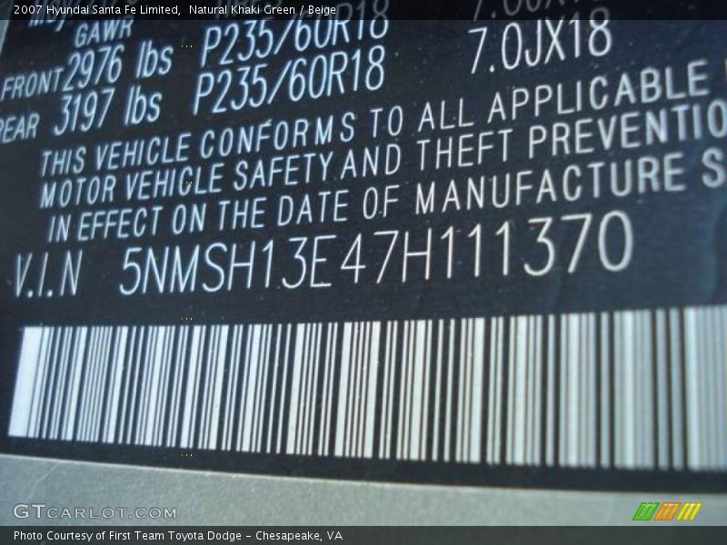 Natural Khaki Green / Beige 2007 Hyundai Santa Fe Limited