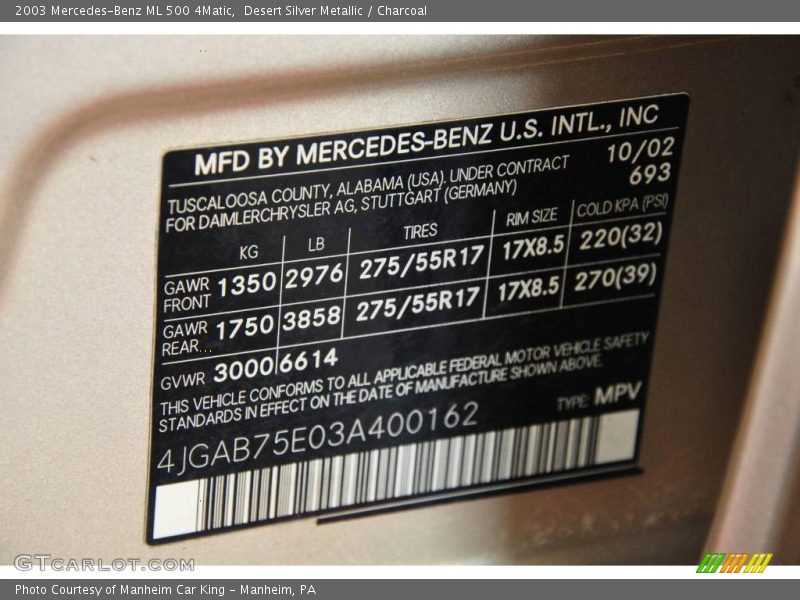 Desert Silver Metallic / Charcoal 2003 Mercedes-Benz ML 500 4Matic