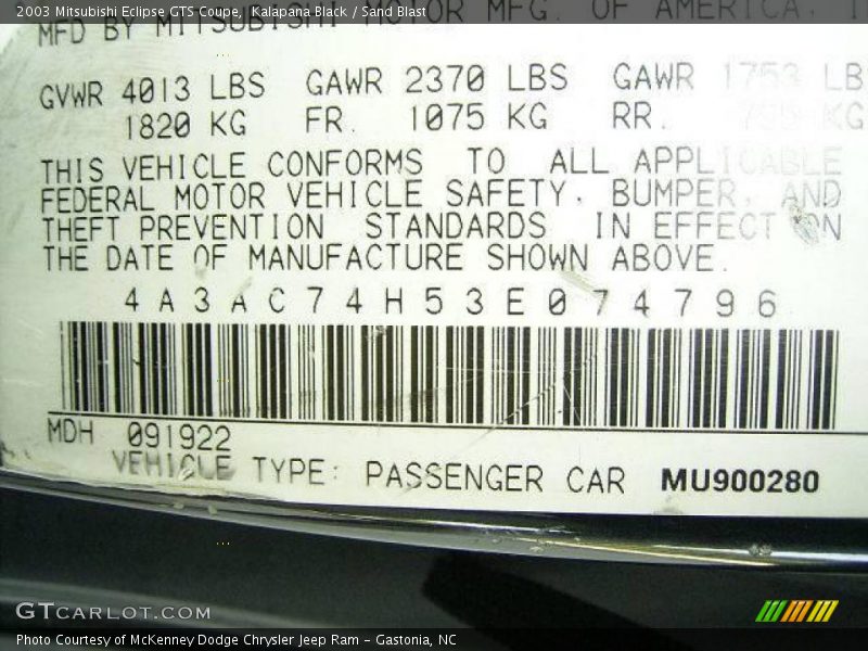 Kalapana Black / Sand Blast 2003 Mitsubishi Eclipse GTS Coupe