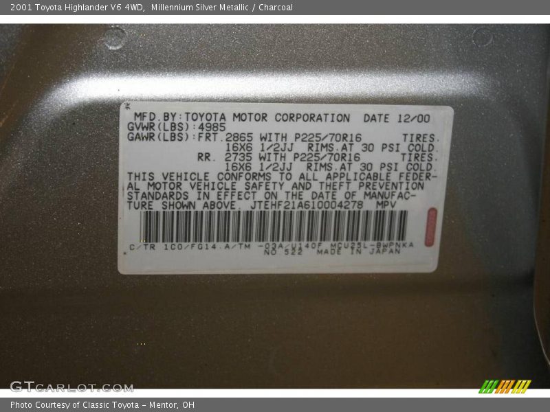 Millennium Silver Metallic / Charcoal 2001 Toyota Highlander V6 4WD