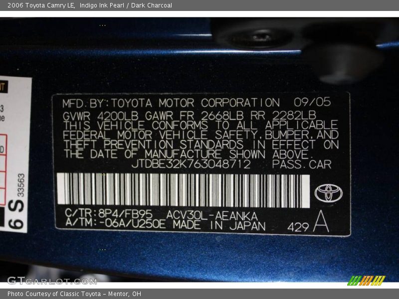 Indigo Ink Pearl / Dark Charcoal 2006 Toyota Camry LE