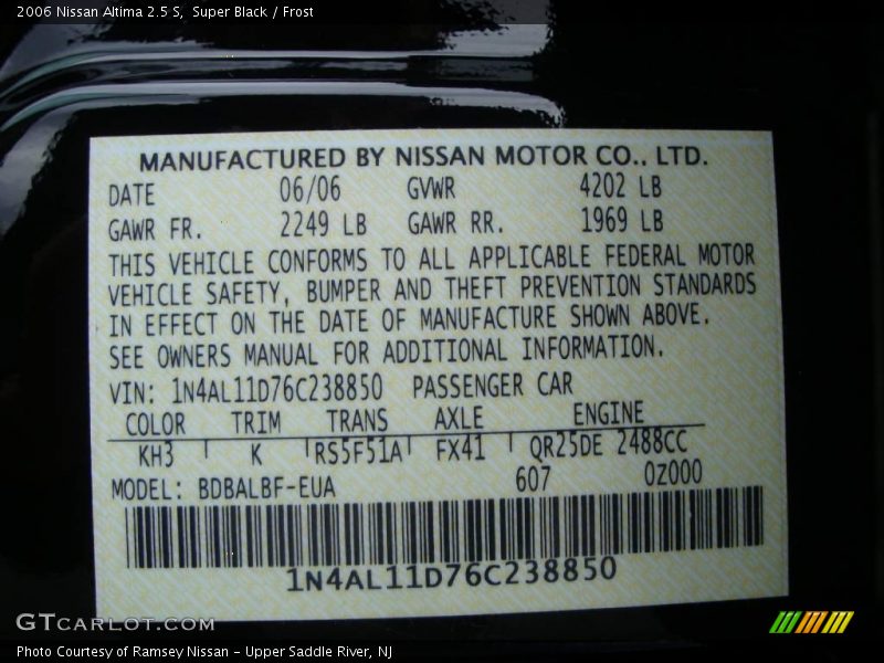 Super Black / Frost 2006 Nissan Altima 2.5 S