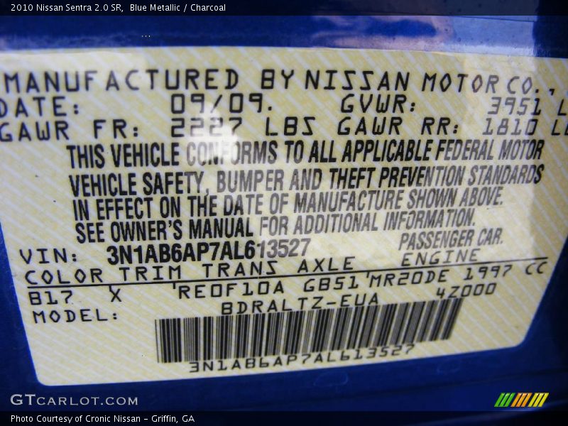 Blue Metallic / Charcoal 2010 Nissan Sentra 2.0 SR
