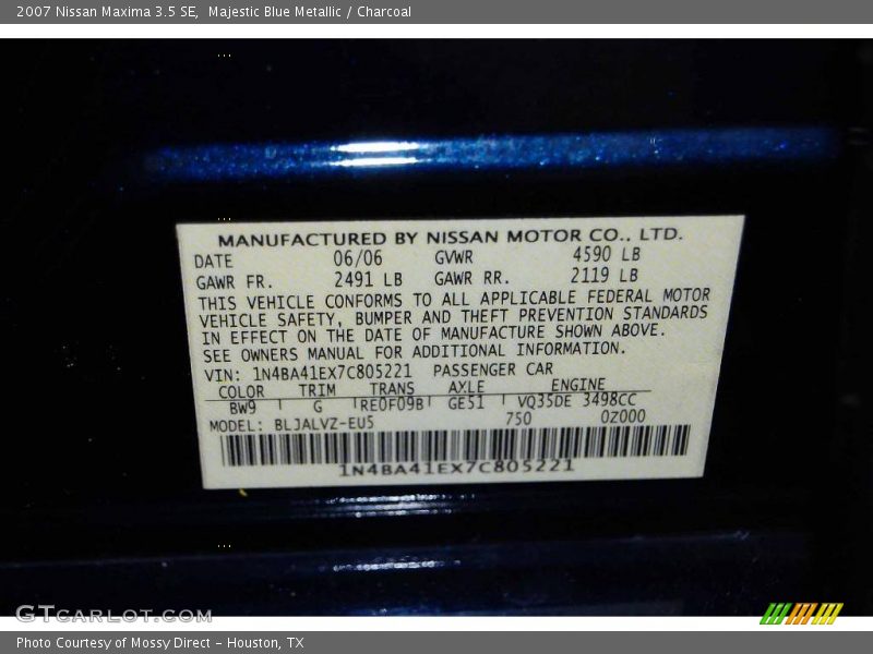 Majestic Blue Metallic / Charcoal 2007 Nissan Maxima 3.5 SE