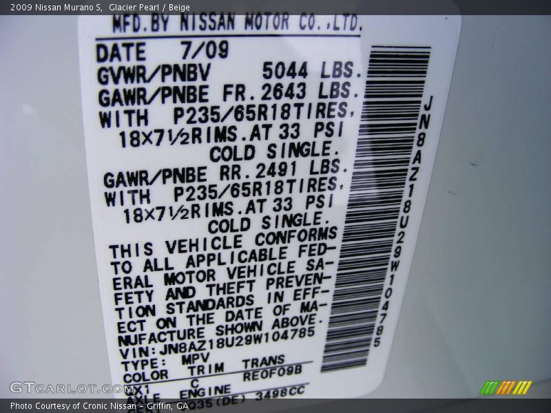 Glacier Pearl / Beige 2009 Nissan Murano S