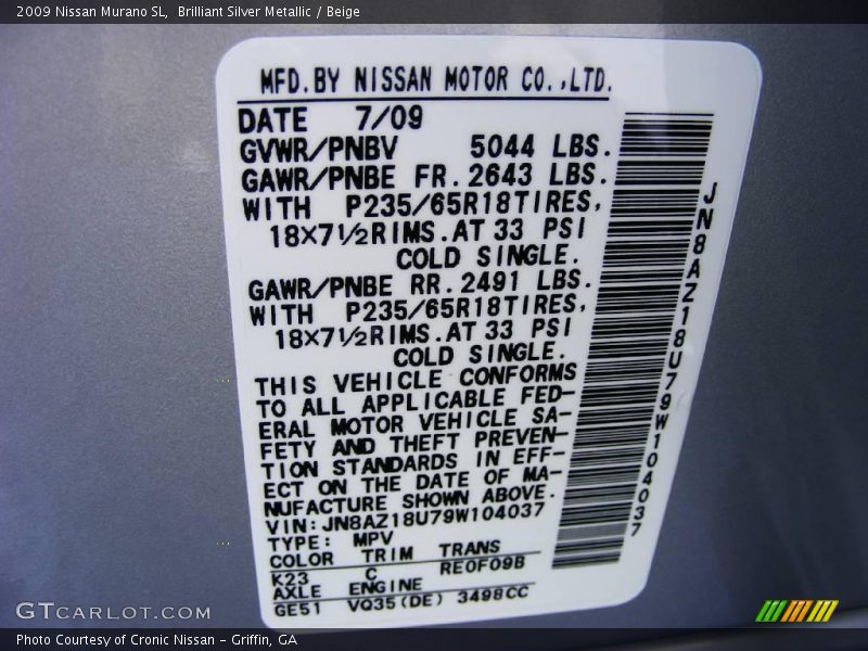 Brilliant Silver Metallic / Beige 2009 Nissan Murano SL