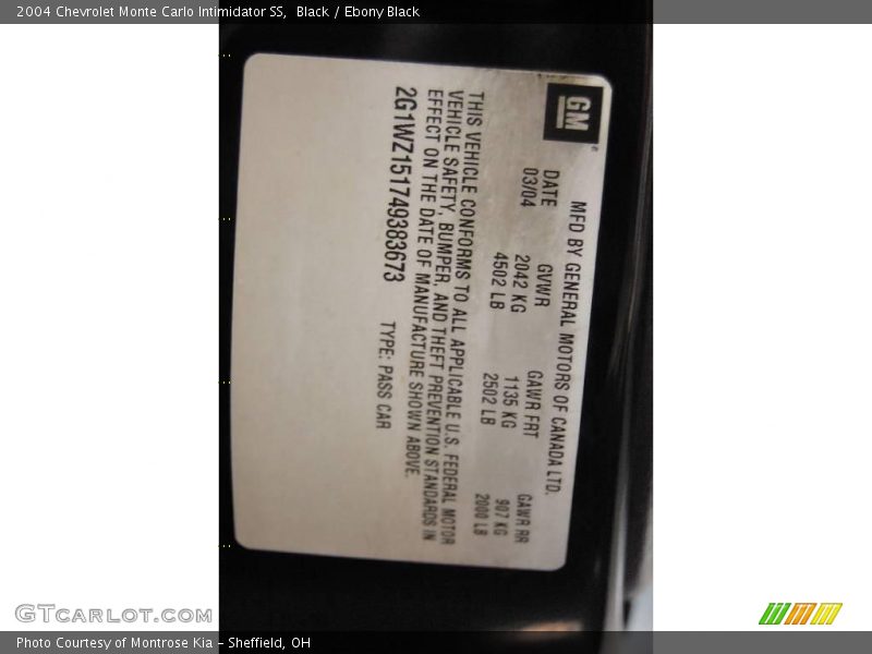 Black / Ebony Black 2004 Chevrolet Monte Carlo Intimidator SS