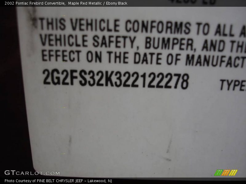 Maple Red Metallic / Ebony Black 2002 Pontiac Firebird Convertible