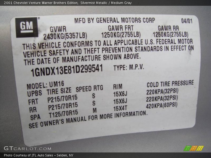 Silvermist Metallic / Medium Gray 2001 Chevrolet Venture Warner Brothers Edition
