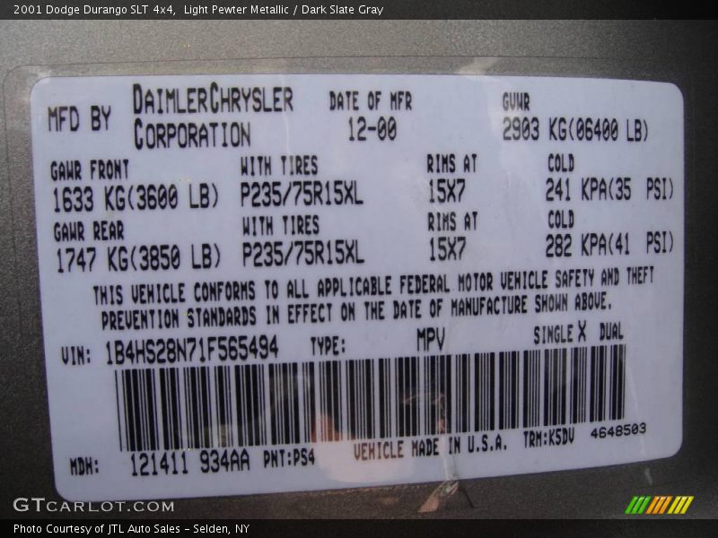 Light Pewter Metallic / Dark Slate Gray 2001 Dodge Durango SLT 4x4