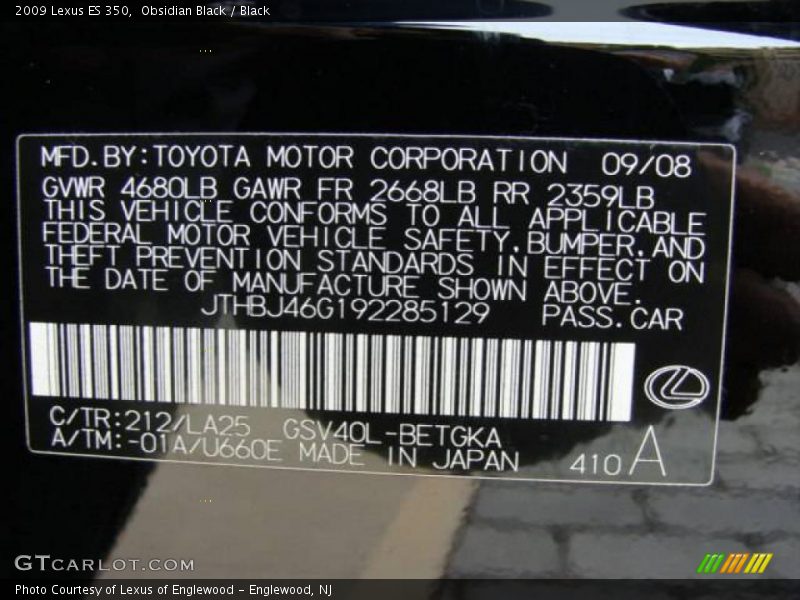 Obsidian Black / Black 2009 Lexus ES 350